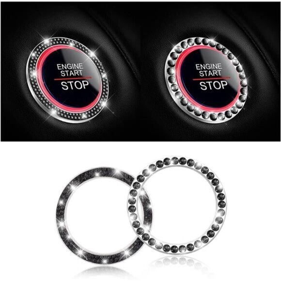 Car Start Button Bling Rhinestone Diamond Engine Button Ring 2-Pack Black - Picture 1 of 7